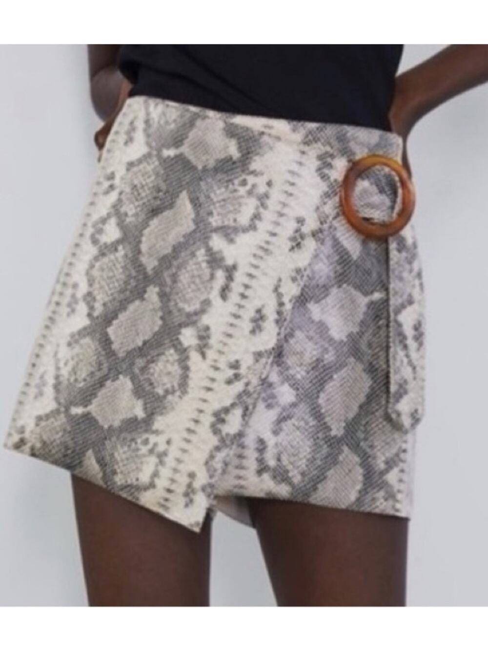 Zara Snake Print FauxWrap Mini Skort Buckle Asymmetric Size Large